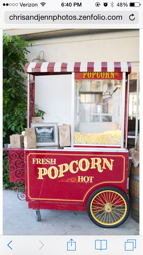 Popcorn Cart Wedding, Popcorn Cart Ideas, Popcorn Food Truck, Popcorn Stand Ideas, Popcorn Vendor, Comfy Movie Night, Popcorn Station, Vip Red Carpet, Party Rental Ideas