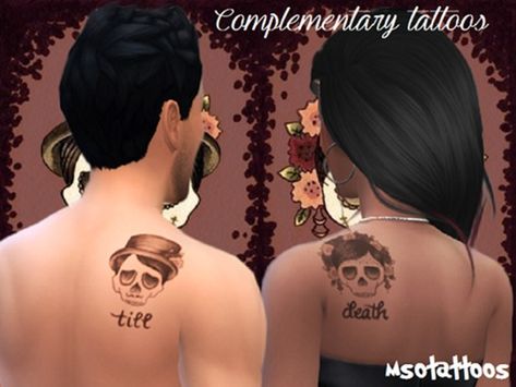 luvjake's Complementary Back Tattoos - Skulls Complementary Tattoos, Elven Tattoo, Married Couple Tattoos, Geometric Rose Tattoo, Sims 4 Skin Details, Tattoos Set, Sims 4 Tattoos, Sims 4 Skin, Geometric Rose