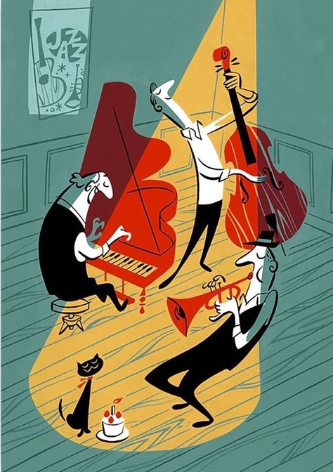 Arte Jazz, Playing Musical Instruments, Jazz Cafe, Art Musical, Jazz Poster, Mid Century Illustration, Retro Kunst, Jazz Art, Music Illustration