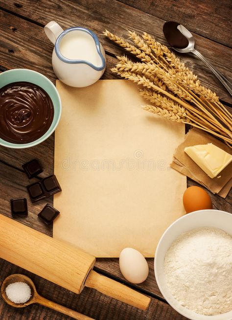 Baking chocolate cake - ingredients and blank paper - background royalty free stock photos Baking Template Background, Cake Ingredients Photography, Cookies Background Design, Baking Background Design, Aesthetic Baking Wallpaper, Bakery Background Design, Aesthetic Baking Background, Cake Background Design, Cake Wallpaper Aesthetic