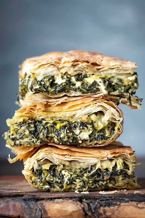 Easy Greek Spinach Pie (Traditional Spanakopita) - The Hungry Bites Greek Spanakopita, Spanakopita Recipe, Greek Spinach Pie, Spinach Pie, Spinach Feta, Filo Pastry, Cheese Pies, Greek Dishes, Savory Pie