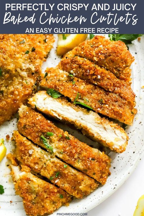 These incredibly crispy oven baked chicken cutlets are so good and juicy. You can make them in under 30 minutes for a wonderful healthy dinner paired with your favorite healthy side dish. Plus, they are gluten free! Recipes With Chicken Cutlets, Oven Baked Chicken Cutlets, Healthy Recipes With Chicken, Healthy Fried Chicken Recipes, Baked Chicken Cutlets, Healthy Fried Chicken, Makanan Rendah Kalori, Chicken Cutlet Recipes, Crispy Oven Baked Chicken