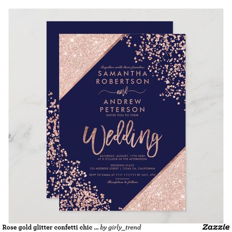 Rose gold glitter confetti chic navy blue wedding invitation Gold Chairs, Brown Wedding Invitations, Emerald Green Wedding, 3d Templates, Rings Emerald, Rose Gold Wedding Invitations, Gold Plates, Gold Glitter Confetti, Navy Blue Wedding Invitations