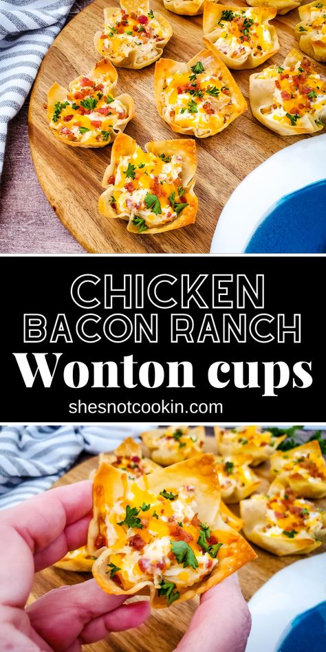 Cheesy ranch chicken wonton cups on a wooden serving board. Ranch Wonton Cups, Chicken Wonton Cups, Wonton Cups Appetizers, Cheesy Ranch Chicken, Inexpensive Appetizers, Wonton Appetizers, Creamy Cheesy Chicken, Party Food Bar, Cheesy Ranch