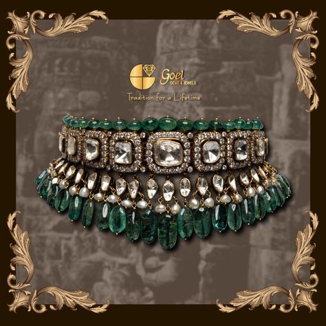 Emerald Polki Necklace, Polki Necklace Uncut Diamond, Polki Jewellery Sabyasachi, Victorian Polki Jewellery, Victorian Jewellery Designs, Uncut Choker, Emerald Bridal Jewelry, Uncut Diamond Choker, Jewellery Design Gold