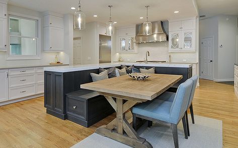 7 Creative Design Ideas For Kitchen Island Bench Seating | L-SHAPED BENCH Island With Bench Seating, Kitchen Island Bench Seating, Kitchen Island With Bench Seating, Curved Kitchen Island, Kitchen Island Dining Table, Curved Kitchen, Open Plan Kitchen Dining Living, Kitchen Island Bench, Open Plan Kitchen Dining