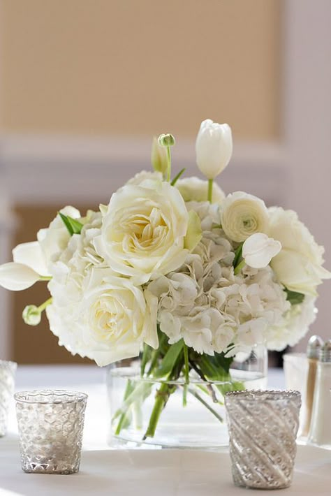 table centerpieces--add caramel antique garden roses Flower Table Scape, Engagement Party Flowers, Wedding Table Flower Centerpieces, Colour Scheme Wedding, Tea Setup, White Wedding Flowers Centerpieces, Wedding Flower Arrangements Table, Rehearsal Dinner Centerpieces, Hydrangea Flower Arrangements