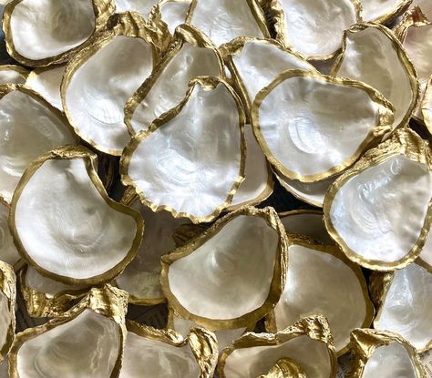 Bulk Oyster Shells Pearl Painted and Gold Gilded 25 50 or 100 - Etsy Mermaid Dinner Party, Oyster Shell Place Cards, Mermaid Dinner, Shell Place Cards, Garland Ornaments, Painted Trim, Louisiana Wedding, Pearl Paint, Mermaid Aesthetic