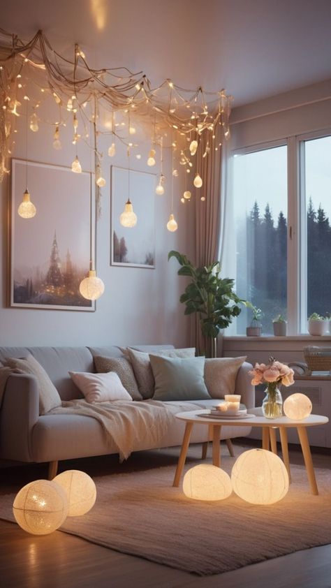 The combination of lights, decorations, and the wooden furniture creates an inviting atmosphere filled with warmth and holiday cheer. Fairy Light Plants, Canopy Living Room, Fairy Lights On Ceiling, Living Room Ambient Lighting, Fairy Lights Living Room, String Lights Living Room, Magical Lighting, Pastel Furniture, Basement Suite