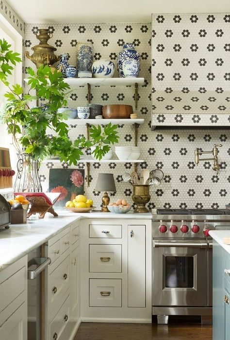 Our Patterned Tile Kitchen Hood - thewhitebuffalostylingco.com Eccentric Kitchen, Maximalist Kitchen, Lily Aldridge, Tile Inspiration, Boho Kitchen, Family Kitchen, Kitchen Tile, Dream Rooms, Architectural Digest