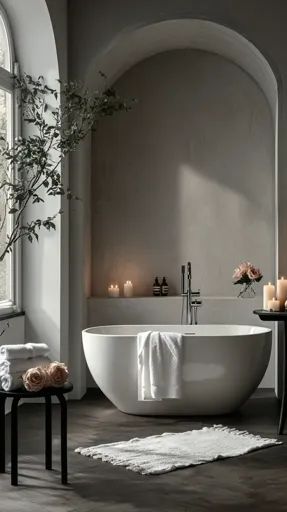 ↑↑↑ Larger size on website 🔸 A white bathtub sits under an arched opening in a minimalist bathroom.  A single white towel drapes  🔸 From Midjourney AI Image Arch Bathtub, Arched Opening, Bouquet Of Pink Roses, White Bathtub, Black Stool, White Tub, Minimalist Bathroom, White Towels, White Rug