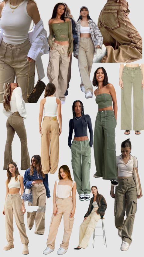 Fall 2023 utility denim trends #cargos #cargopants #carpenters #utility Khaki Utility Pants Outfit, Carpenter Denim Outfit, Uniqlo Cargo Pants Outfit, Beige Denim Outfit, Cream Carpenter Pants Outfit, Utility Fashion Woman, Utility Style Women, How To Style Cream Cargo Pants, Pants 2023 Fashion Trends