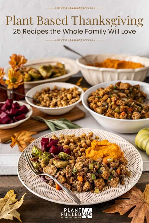 Beautiful wood table with beige linen runner. Multiple casserole dishes and fall leaves adorn the table. Front and center is a gorgeous white plate with burnt orange dots. A plant based Thanksgiving feast sits on top of the plate complete with stuffing, sweet potatoes, beets, Brussels sprouts, beans and more. Plant Based Thanksgiving, Thanksgiving Menu Planning, Themed Meals, Thanksgiving Meal Plan, Butter Bean Soup, Pickled Beets Recipe, Whole Food Plant Based, Thanksgiving Dinner Menu, Vegan Thanksgiving Recipes