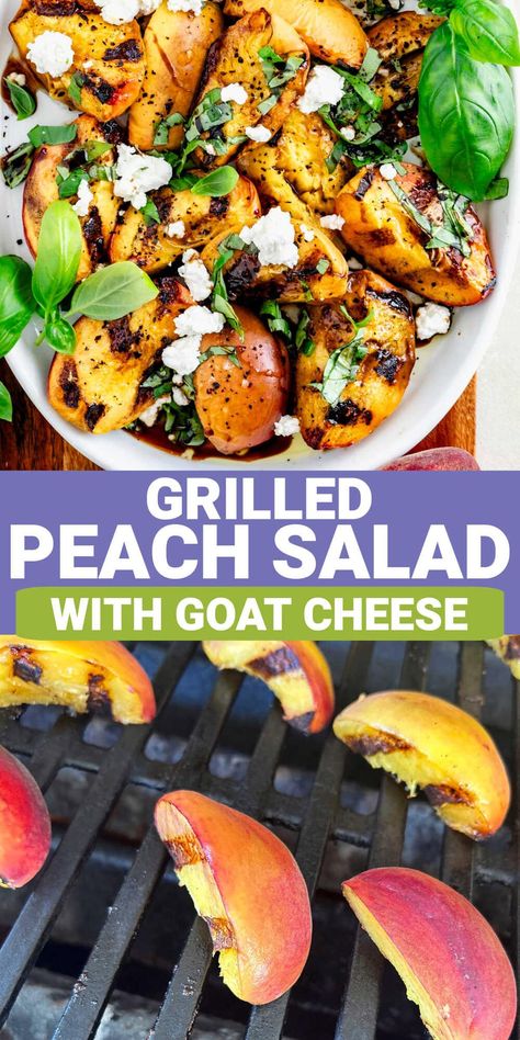 Caramelized juicy and lightly smoky grilled peaches are simply adorned with olive oil and balsamic vinegar. They are topped with honey, chili, basil and fresh goat cheese. This grilled peach salad takes only 15 minutes to make, and is a deliciously gourmet side dish to serve for peach season. Grilled Peach Recipes, Grilled Peaches Recipe, Balsamic Peach, Grilled Peach Salad, Salad With Goat Cheese, Lamb Steaks, Summertime Salads, Recipes Salads, Mediterranean Quinoa Salad