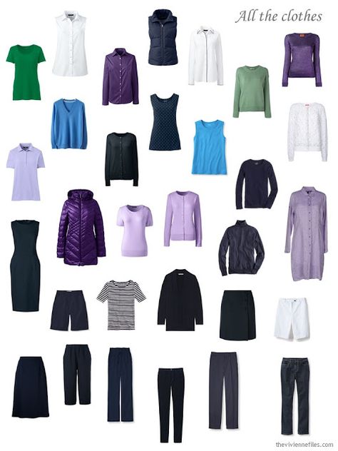 a complete wardrobe in navy, purple, blue, green and white Green Capsule Wardrobe, Bright Green Blouse, Capsule Wardrobe How To Build A, Minimalist Wardrobe Capsule, Build A Capsule Wardrobe, Capsule Wardrobe Minimalist, The Vivienne Files, Vivienne Files, Fashion Capsule Wardrobe