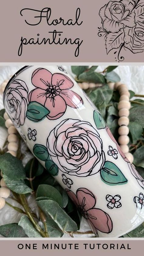 Floral Painting on a Tumbler with Pop of Color Paints Hand Painted Tumblers, Tumbler Ideas Diy, Painted Tumblers, Tumbler Wrap Ideas, Tumbler Wrap Template, Color Paints, Wrap Ideas, Diy Tumblers, Tumbler Ideas