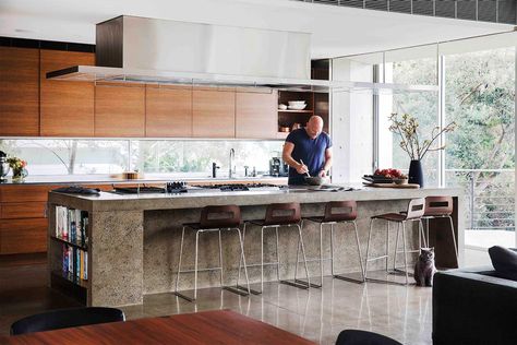 Chefs Kitchen Design, Celebrity Kitchens, Concrete Island, Wisteria Design, Celebrity Home, Hamptons Interior, Hamptons Style Home, Kitchen Island Bench, Kitchen Nook