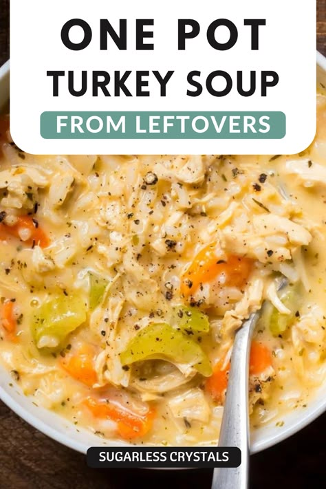 Discover the magic of transforming your leftover turkey into a delectably warm and savory one-pot Turkey Rice Soup! Packed with flavor, this recipe provides a delightful twist to your regular rice bowl. With simple ingredients and easy steps, you'll find this as your new go-to leftover turkey recipe. A comforting meal that's not just fulfilling but also minimizes waste! Turkey Broth Recipes Dinners, Turkey Stuffing Soup, Turkey Bean Soup Recipes, Leftover Turkey Soup Recipes Easy, Leftover Turkey Soup Crockpot, Turkey Broth Recipes, Turkey Rice Soup Recipes, Turkey Soup Recipes Homemade, Healthy Turkey Soup