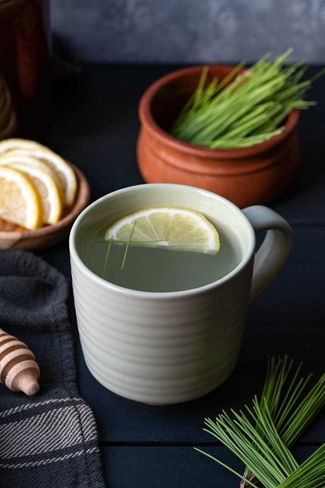 Pine needle tea (recipe, health benefits and more) - The Hungry Bites Pine Needle Essential Oil, Foraging Guide, Pine Needle Tea, Eastern White Pine, Tea Tasting, Tea Recipe, Lemon Slice, Tea Strainer, Pine Needles