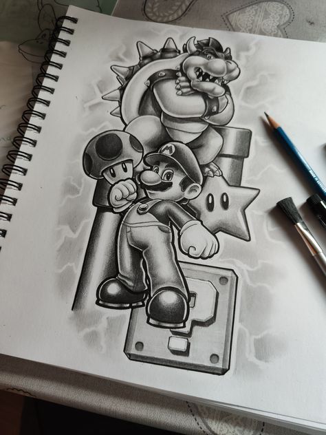 Super Mario Sleeve Tattoo, Super Mario Tattoo Design, Super Mario Tattoo Ideas, Mario Tattoo Design, Mario Tattoo Ideas, Super Mario Tattoo, Cartoon Flash, Pop Culture Tattoos, Nintendo Tattoo