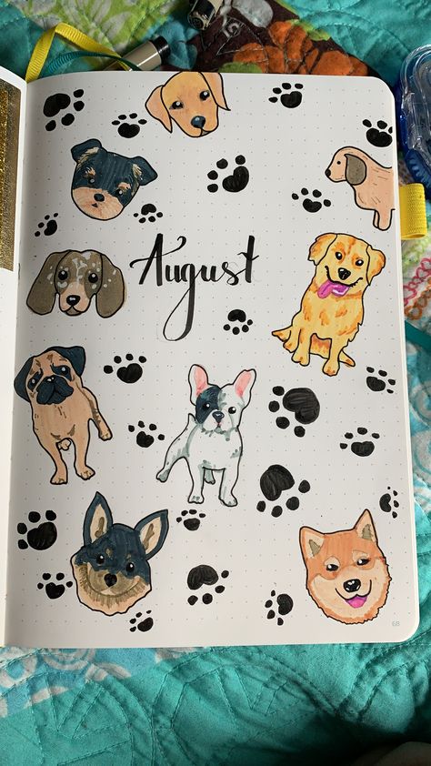 Pet Journal Ideas, Months Journal, 2024 Bujo, Journal Tips, Bullet Journal Ideas Templates, Bond Paper Design, Doodle Art Journals, Journal Spreads, Doodle Dog