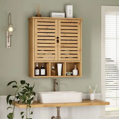 Millwood Pines Ploeger Solid Wood Wall Mounted Over-The-Toilet Storage | Wayfair Hanging Bathroom Cabinet, Bathroom Wall Storage Cabinets, Bamboo Cabinets, Wood Medicine Cabinets, Bathroom Wall Cabinet, Bathroom Wall Storage, Wall Storage Cabinets, Wood Wall Bathroom, Bamboo Bathroom