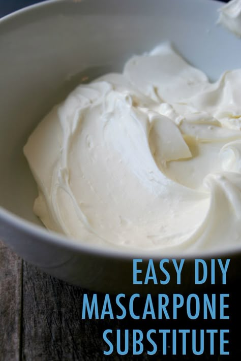 There are a few good reasons why you might want to make a mascarpone cheese  substitute.  One is availability. Mascarpone isn't what I would call a rare ingredient,  but it can prove tricky to find depending on where you are and what your  local market stocks. Even within a grocery store it can Mascarpone Substitute, Marscapone Cheese, Cheese Substitute, Cheese Recipes Homemade, Mascarpone Recipes, Cheese Making Recipes, Cooking Substitutions, Dessert Simple, Baking Substitutes