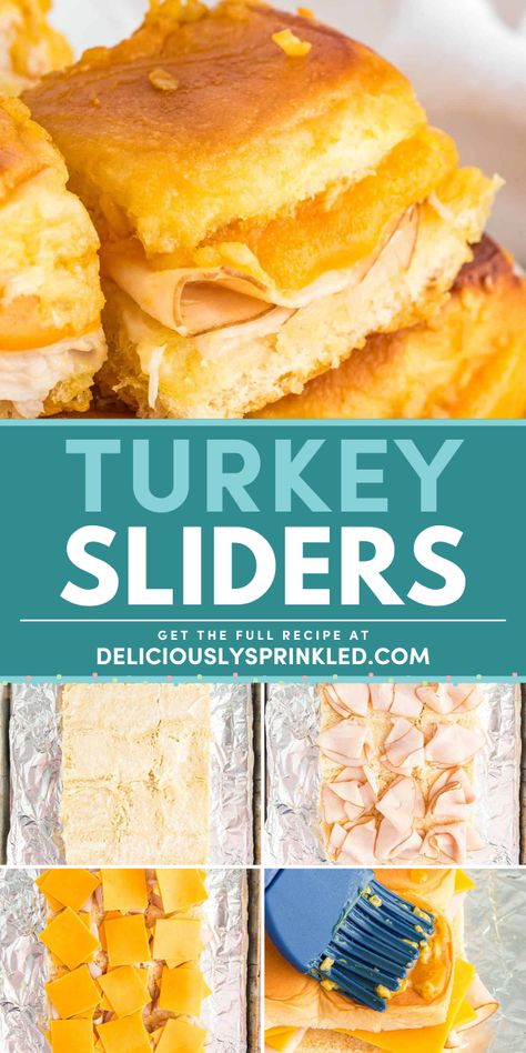 Planning your game day menu? Put these baked turkey and cheese sliders on your Super Bowl party food ideas! They're also an easy New Year appetizer for a crowd. Served on Hawaiian rolls with a buttery glaze, this turkey slider recipe is delicious! Hawaiian Rolls Turkey Sliders, Mini Turkey Sliders, Baked Turkey And Cheese Sliders, Potluck Sliders Kings Hawaiian, Deli Turkey Sliders On Hawaiian Rolls, Turkey And Cheese Hawaiian Rolls, Turkey Club Sliders On Hawaiian Rolls, Easy Slider Recipes Hawaiian Rolls, Turkey Cheddar Sliders