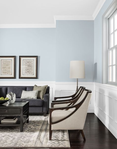 These light blue paint colors will feel like a breath of fresh air in nearly any room. Peruse the list for endless blue inspiration. Light Blue Paint Colors, Light Blue Living Room, Mansion Decor, Glidden Paint, Light Blue Paints, Furnitur Ruang Keluarga, Light Blue Walls, Purple Bedrooms, Living Room Color Schemes