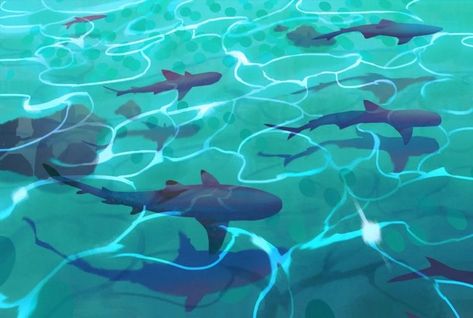 Ocean Art Background, Underwater Desktop Wallpaper, Shark Ipad Wallpaper, Ocean Art Wallpaper, Shark Desktop Wallpaper, Ocean Reference, Water Banner, Ocean Anime, Anime Ocean