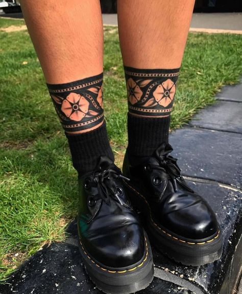 Tattoos • Instagram Traditional Ankle Cuff Tattoo, Traditional Ankle Band Tattoo, American Traditional Snowflake Tattoo, Leg Cuff Tattoo, Traditional Band Tattoo, Traditional Tattoo Band, Ankle Cuff Tattoo, Front Ankle Tattoos, American Traditional Tattoos Black