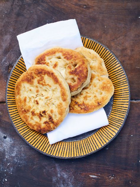 Fluffy coconut breads | Jamie Oliver recipes Jamie Oliver 5 Ingredients, Pain Naan, Recipes With Naan Bread, Bread Dough Recipe, Homemade Curry, No Yeast Bread, Homestead Kitchen, Coconut Bread, How To Make Dough