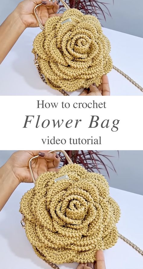 Flower Crochet Bag Easy To Make - CrochetBeja Crochet Flower Bag, Purse Patterns Free, Crochet Rose Pattern, Free Crochet Bag, Crochet Bag Pattern Free, Crochet Handbags Patterns, Flower Crochet, Crochet Stitches For Beginners, Handbag Pattern