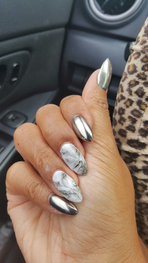 Grey Marble Nail Designs, Chrome And Marble Nails, Chrome Marble Nails, Marble Chrome Nails, Silver Marble Nails, Gray Marble Nails, Silver Chrome Nails Designs, Grey Marble Nails, Grey Chrome Nails