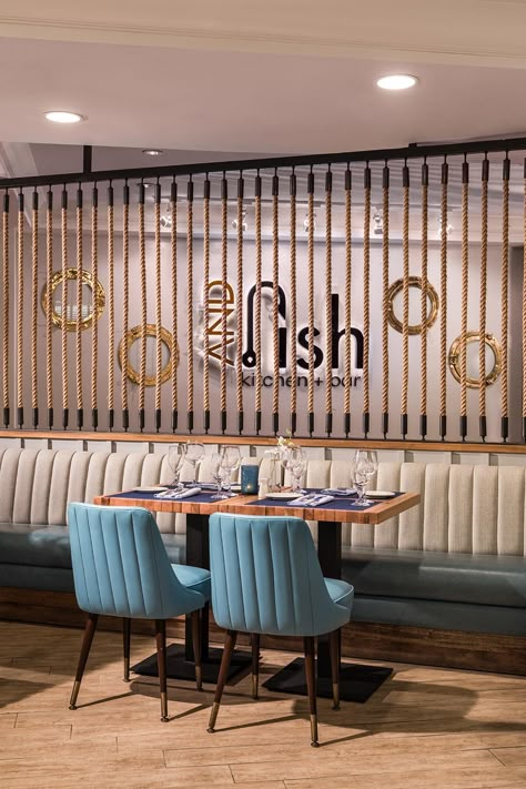 And Fish Restaurant - Pompano Beach Marriott Fish Restaurant Design, Seafood Restaurant Design, Beach Restaurant Design, Modern Nautical Decor, Fish Net Decor, Fish Bar, Ocean Room Decor, Seafood Shop, Modern Restaurant Design