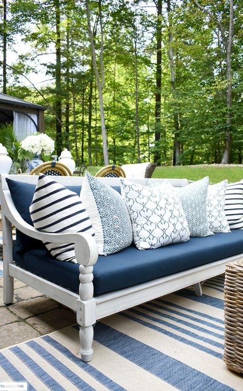 Light Blue Outdoor Furniture, Navy And White Outdoor Patio, Blue And White Patio Furniture, Navy Blue Patio Furniture, Navy Blue Outdoor Furniture, Navy Outdoor Furniture, Blue Patio Decor Outdoor Spaces, Outdoor Patio Ideas Blue, Patio Inspiration On A Budget