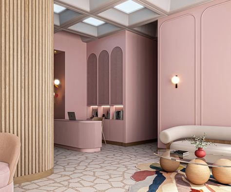 Pink Clinic Design, Spa Lobby Design Waiting Area, Spa Lounge Area Waiting Rooms, Waiting Area Interior Design, Faux Skylight, Clinic Waiting Area, Small Waiting Room, Pink Reception Desk, Elegant Sconces