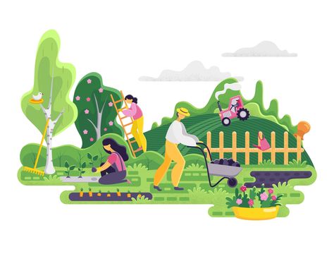 Gardening people. Spring landscape in flat style. Vector. by Svitlana Holovei Community Garden Illustration, Garden Art Illustration, Save Earth Drawing, Gardening Illustration, Garden Graphic, Garden Background, Background Spring, Flat Drawings, Minimalist Garden