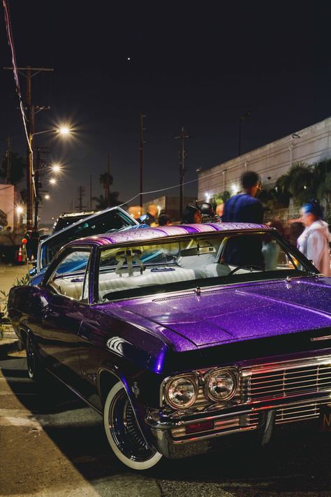 All photos taken by me Alvarado Portraits #lowrider #socal #chicanoculture #carclubs #lowridermagazine #carculture #LAlifestyle 64 Impala Lowrider, Impala Lowrider, 64 Impala, Lowrider, Car Interior, Road, Cars, Iphone, Purple