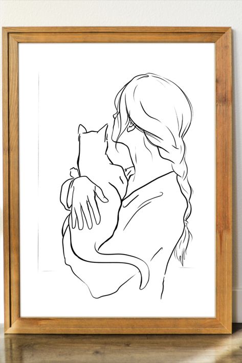 Cat Girl Outline Wall Art Print, Digital Download Printable Black & White Minimal Drawing Lines Poster, Cat Lovers, Female Gift Cats To Draw, Cat Line Art, Black And White Cat Drawing Simple, Cat And Girl Drawing, Girl And Cat Drawing, Two Cats Line Art, Girl With Cat Drawing, Fluffy Cat Line Drawing, Cat Oneline Draw