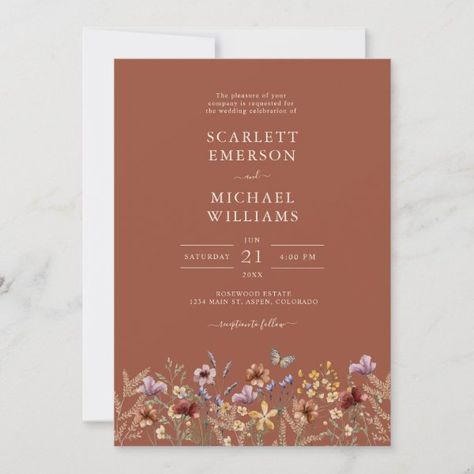 Terracotta Elegant Boho Wedding Invitation Elegant Boho Wedding, Boho Chic Wedding Invitations, Boho Wedding Invitation Template, Wild One 1st Birthday, Boho Wedding Invitation, Wildflower Wedding Invitations, Boho Wildflower, Wedding Watercolor, Watercolor Wildflowers