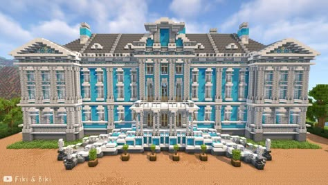 Chateau Minecraft, Mc Castle, White Victorian House, Minecraft Palace, Garden Minecraft, Minecraft Roof, Minecraft Skyscraper, Minecraft Light, Light Blue Houses