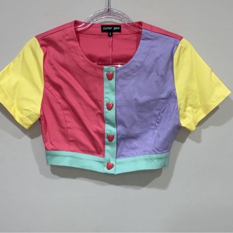 Sadly This Is Too Small For Me! Rainbowcore Fashion, Snazzy Outfits, Kidcore Fashion, Color Block Tshirt, Button Down Crop Top, Thrift Store Fashion, Silly Clothes, Purple Dress Shirt, Sister Jane