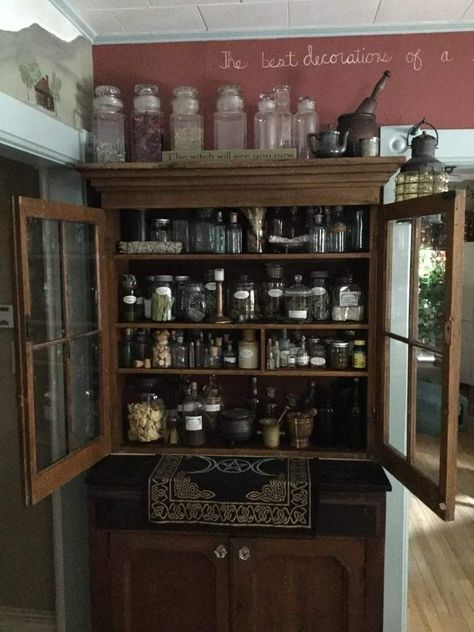 Dark Apothecary Kitchen, Tea Cabinet Display, Witch Cabinets, Witchy Cabinet, Witch Cabinet, Witch Cabin, Apothecary Diy, Apothecary Bathroom, Apothecary Kitchen