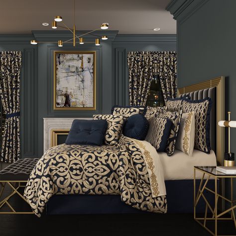 Modern European elegance is executed within every detail of the Biagio 4 Piece Comforter Set. A dramatic dark navy blue satin matelassé is paired with a dramatic interlocking woven damask pattern in gold yarns.