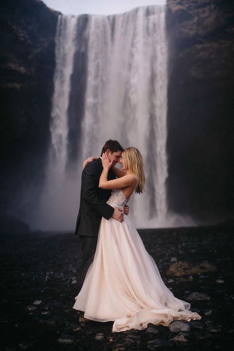 Elopement Ideas Waterfall, Elope Iceland, Unique Wedding Venue Ideas, Affordable Destination Wedding Locations, Icelandic Wedding, Wedding Waterfall, Waterfall Photoshoot, Dreamy Portrait, Waterfall Mountain