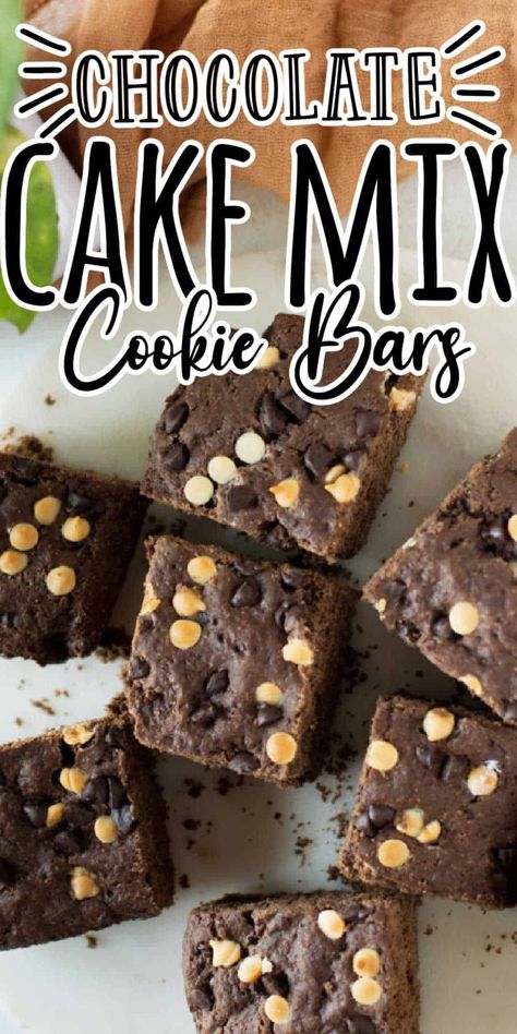 Chocolate Cake Mix Cookie Bars are an easy to make cookie bar recipe that has a rich chocolate flavor and loaded with chocolate chips. This 4 ingredient cookie bars recipe is the perfect easy dessert. Recipe Using Chocolate Cake Mix, Cake Mix Bars, Chocolate Cake Mix Recipes, Cake Mix Cookie, Chocolate Cookie Bars, Cake Mix Cookie Bars, Peanut Butter Dessert Recipes, Cookie Bars Easy, Chocolate Cake Mix Cookies