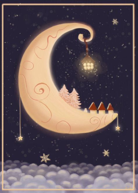 Christmas card 5 :digital: by=anda0105 Christmas Moon, Moon Madness, Moon Dance, Slaap Lekker, Moon Pictures, Moon Illustration, Good Night Moon, Sun Moon Stars, Sun And Stars