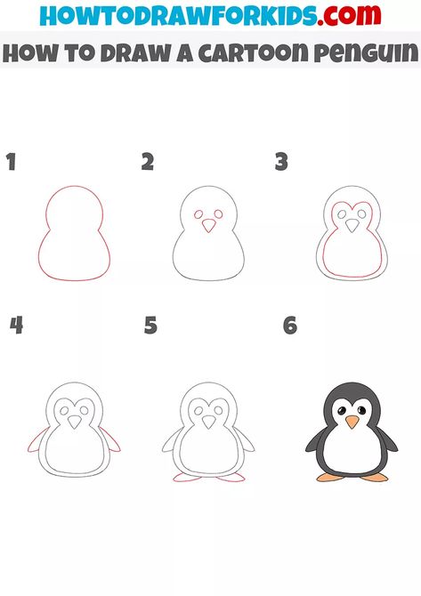 How to Draw a Cartoon Penguin - Easy Drawing Tutorial For Kids Pinguin Drawing Simple, Easy Drawings Penguin, Penqueen Drawing, Pinguin Drawing Easy Cute, How To Draw Penguin Easy, Penguin Drawings Easy, How To Draw A Penguin Step By Step Easy, Penguin Doodle Simple, Penguin Drawing Tutorial