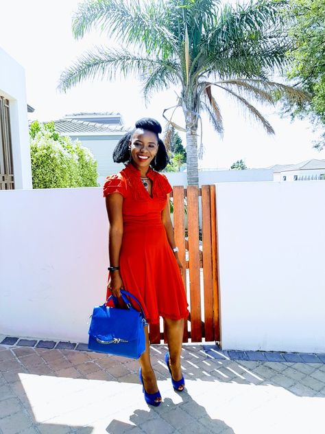 Red with a touch of royale blue outfit. Blue Dress Red Shoes, Blue Color Dress, Dress Quotes, Rock Chalk, Blue Sparkle, Outfit Red, Royal Blue Dress, Blue Pin, Blue Heels